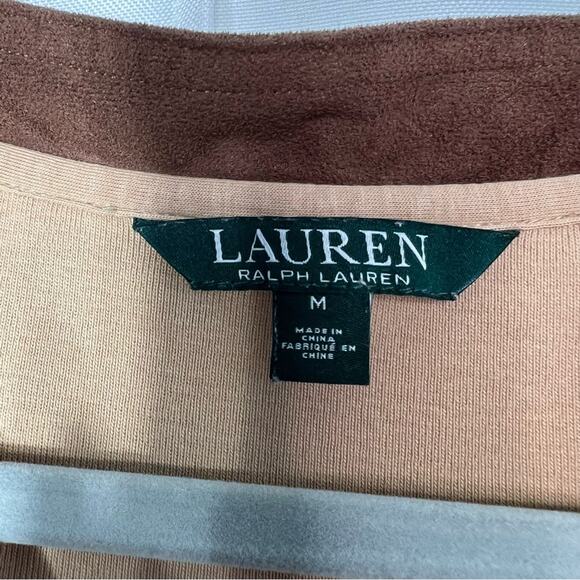 Lauren Ralph Lauren Tan Brown Suede Trim V Neck Long Sleeve top Size Med - Picture 10 of 11